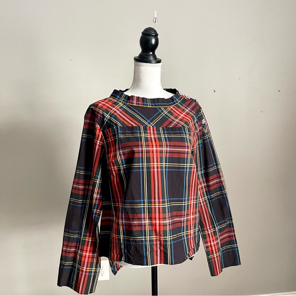 J. CREW | Plaid Rhinestone Button Shoulder Long Sleeve High-Low Top z 8 - Picture 4 of 12
